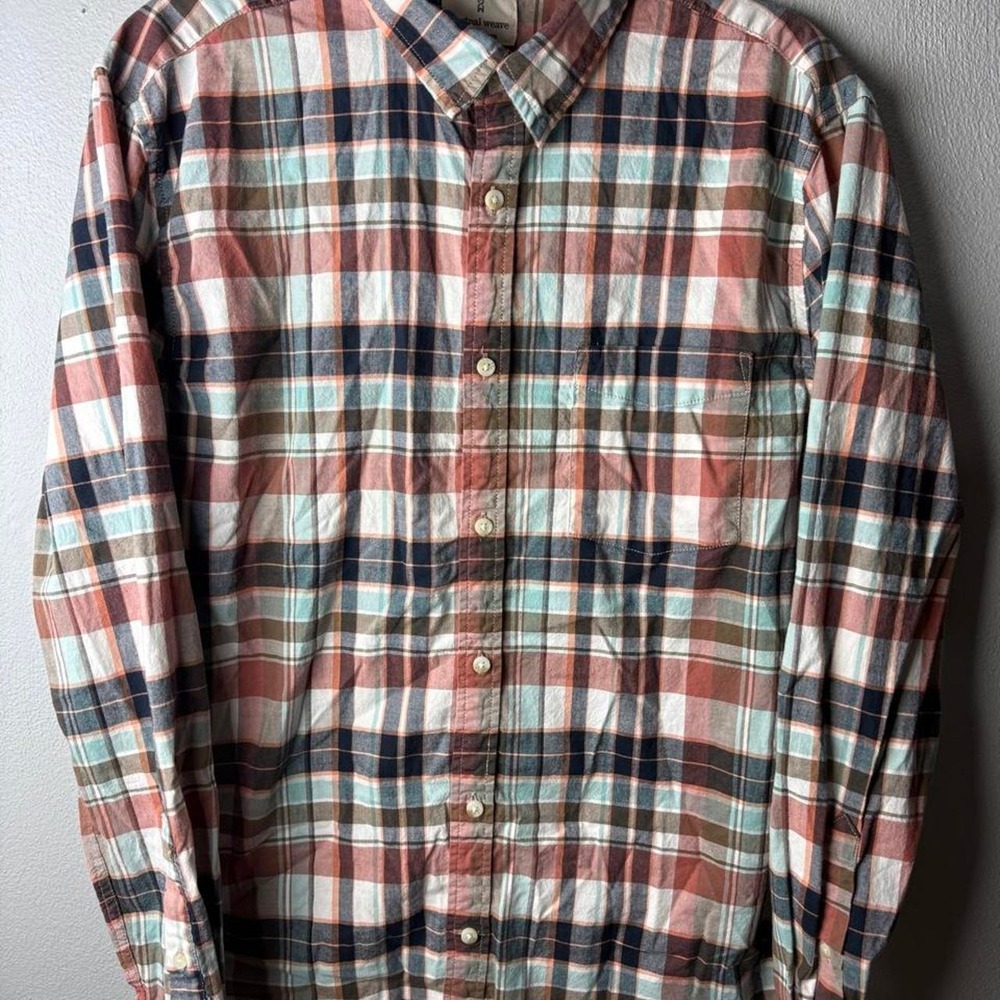 Men's Mutual Weave Plaid Button Up Shirt Size L